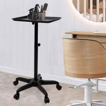 Carrello per parrucchiere in alluminio regolabile in altezza, nero, supporto per trattamenti girevole a 360° con vano porta-strumenti, design semplice senza telaio aggiuntivo, per la cura e lo styling dei capelli.