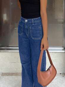 NVFelix Blugi de damă, lejeri, cu picior drept, spălați și uzați, eleganți și stilați, stil Y2K, albaștri, perfecți pentru iarna, Ziua Recunoștinței și Anul Nou - Albastru - Vizualizare 9