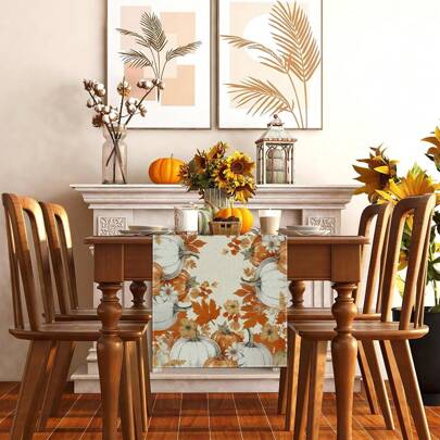 Caminho de mesa com estampa digital de abóbora e folha de bordo, 1/108 peças, outono, Ação de Graças, colheita de outono - Decoração para atmosfera de reunião familiar de Ação de Graças, adequado para festas de fim de ano, presentear, decoração para a temporada de colheita de outono