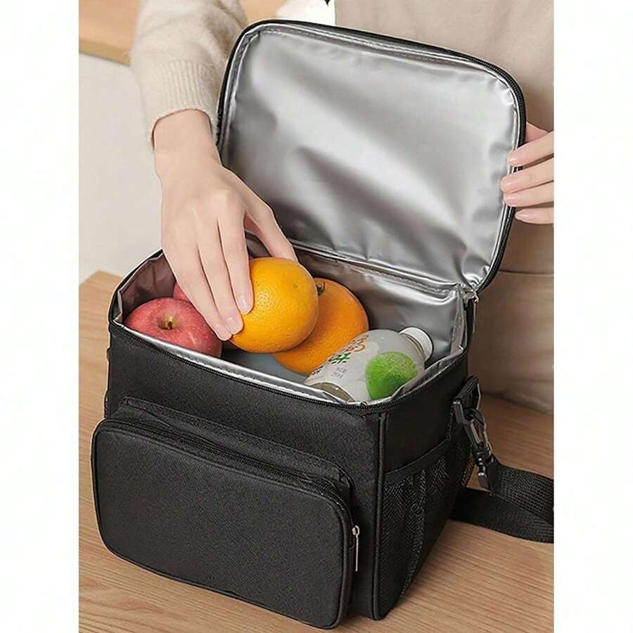 1 pieza Bolsa de almuerzo tipo bento negra iónica, bolso aislado minimalista para trabajadores de oficina