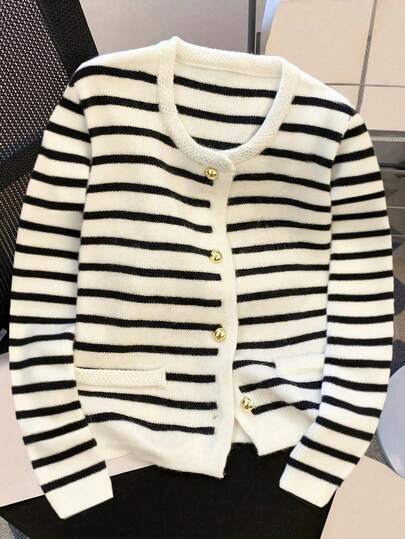 Pull rayé à manches longues pour femmes, automne/hiver, polyvalent et rajeunissant, peut se superposer avec un cardigan tricoté avec boutons métalliques