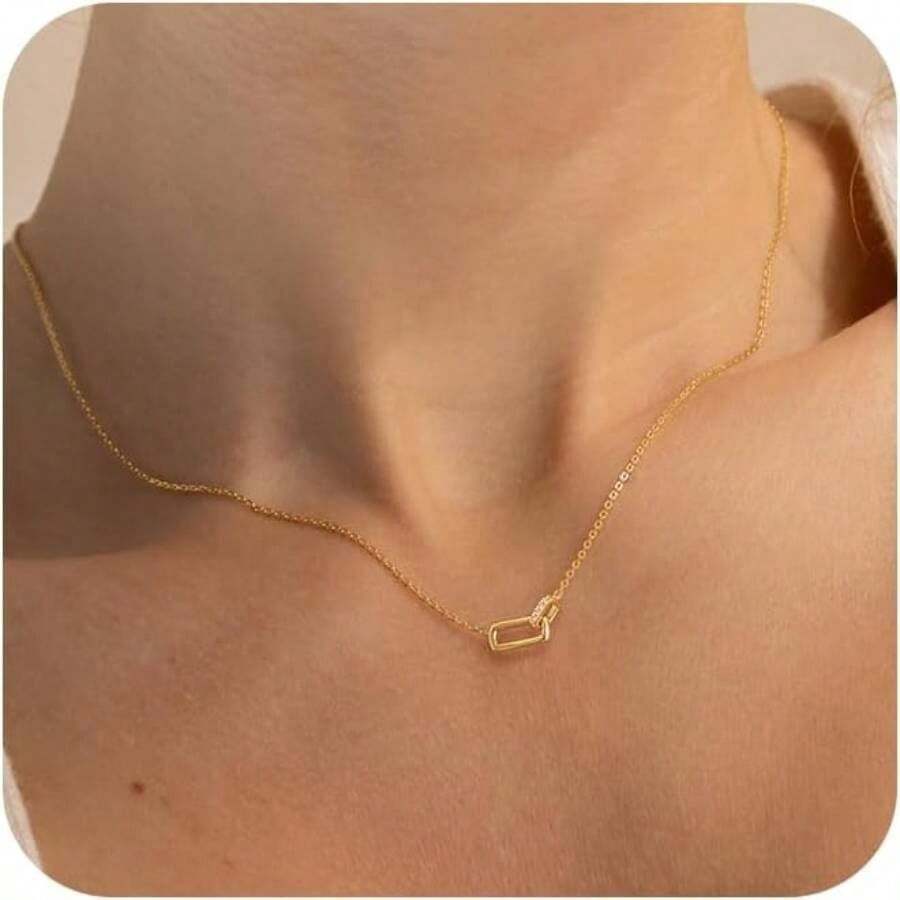 Gold Pendant Necklace For Women, Dainty Diamond Necklaces For Women Simple 14K Gold Plated Paperclip Choker Necklaces Cute Minimalist Open Oval Necklaces Gold Jewelry For Women Gifts - 金色 + 互鎖回形針 - 查看 1