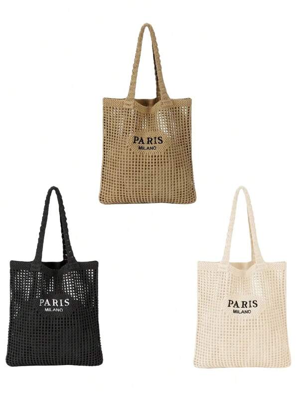 Knitted One Shoulder Bag, Beach Bag, Versatile, Photo Prop, Embroidered Letter Hollow-Out Casual Travel Tote Bag