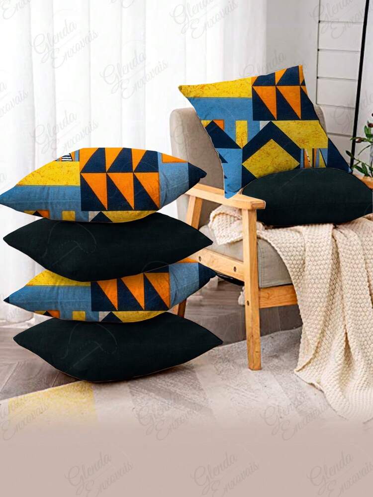 3 Plain 3 Printed Decorative Pillow Covers (6 Units) 0.45X0.45cm-AL - Orange-black Geometric - View 2