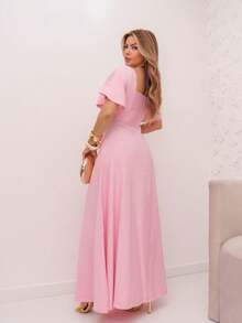 A&DD MODA, REF: 8025 Women's Short-Sleeved Lotus Edge Dress, Solid Color, Long A-Line Skirt, Temperament Slim Waist Skirt For Summer 2025 - 粉色 - 查看 2