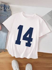 Girls' Casual Short Sleeve T-Shirt With Navy Blue Number 14 Print - Breathable Round Neck Tee For Casual Attire, Machine Washable Youth Apparel - 白色 - 查看 1