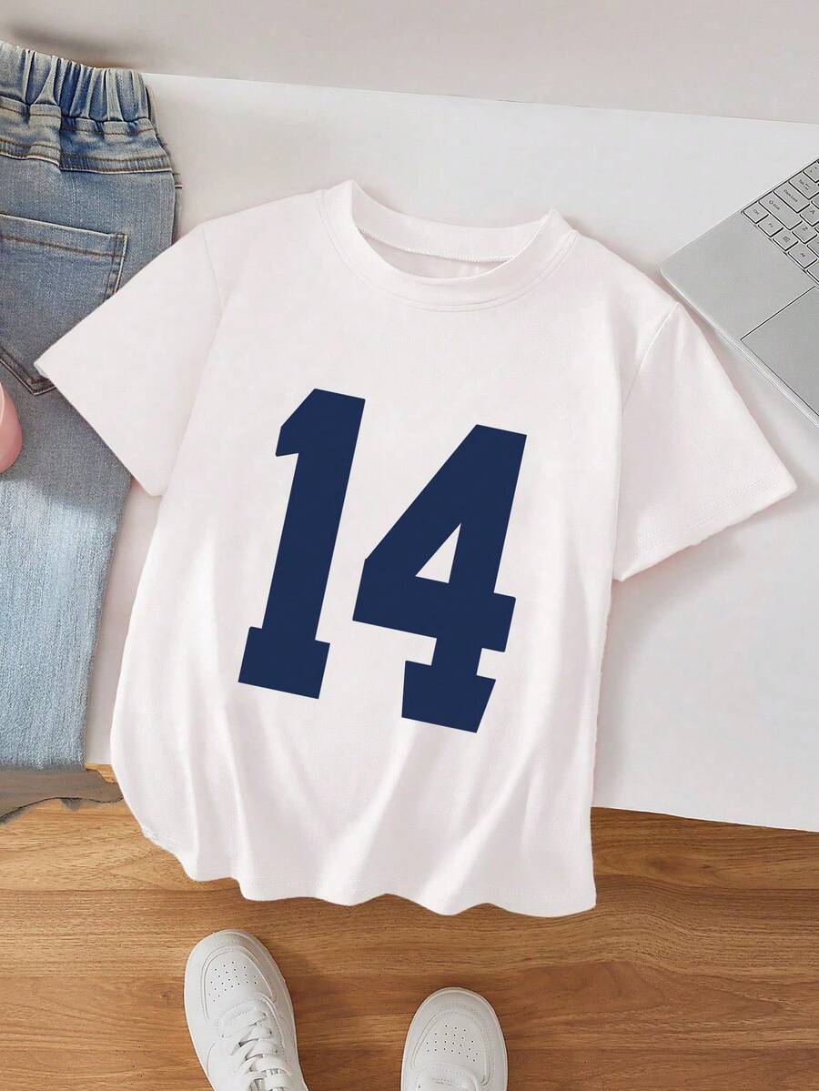 Girls' Casual Short Sleeve T-Shirt With Navy Blue Number 14 Print - Breathable Round Neck Tee For Casual Attire, Machine Washable Youth Apparel - 白色 - 查看 1