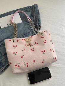 1pc Polyester Deer Pattern Decorative Large Capacity Zipper Shoulder Tote Bag, Suitable For Women's Daily Use - Pink - View 7
