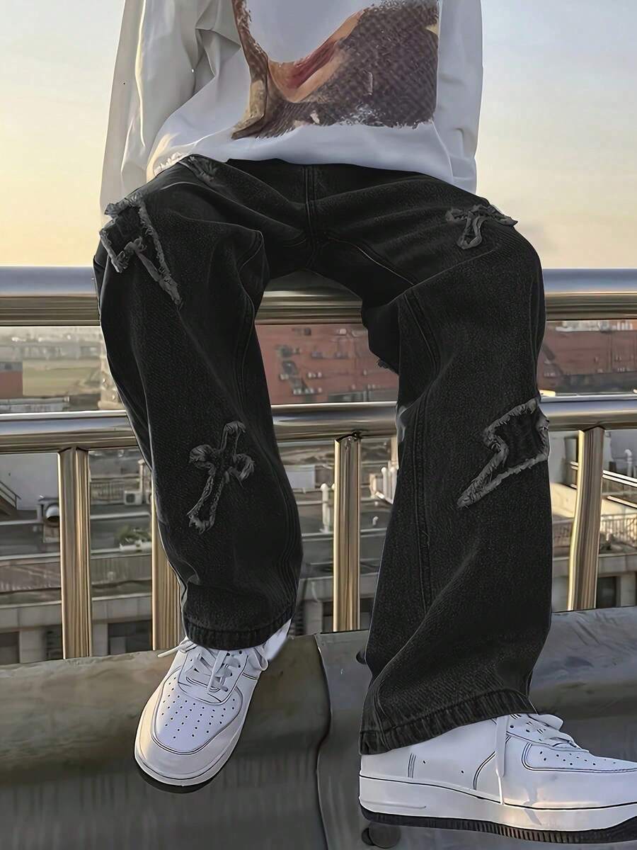 Pantalones vaqueros holgados para hombre con bordado de relámpago y patrón de cruz desgastado. - Negro - Ver 1