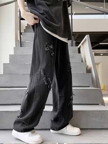 Pantalones vaqueros holgados para hombre con bordado de relámpago y patrón de cruz desgastado. - Negro - Ver 5