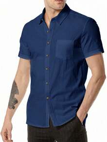 Mens Short Sleeve Cuban Camp Guayabera Shirt Linen Cotton Hippie Beach Button Down Shirts Plus Size - 藏蓝色 - 查看 3