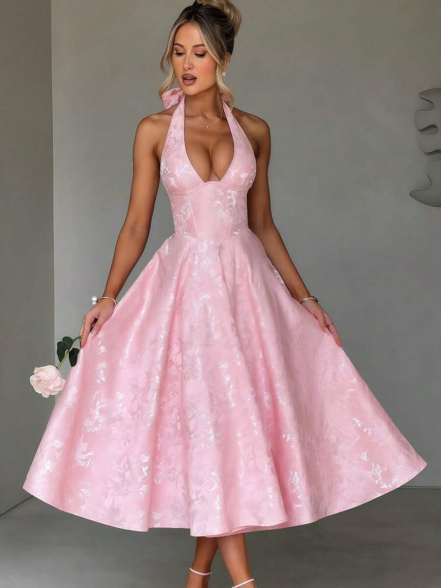 V-Neck Halter Neck Jacquard Backless Long Dress - Elegant Night Out Party Glam Festival Look For Women Spring Summe - 粉色 - 查看 1