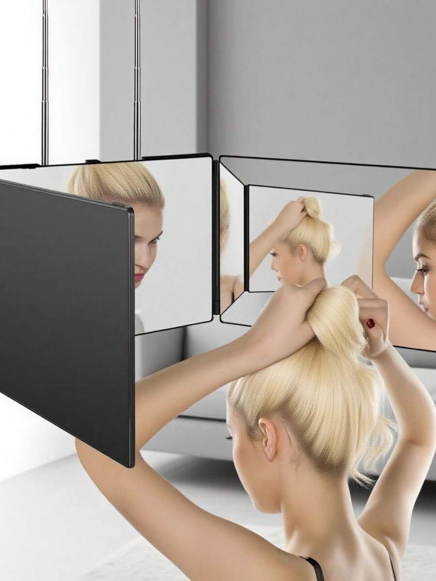 360° 旋转三向三折镜 - 高度可调、可折叠、无需电源、壁挂式，带挂钩，方便剪发和化妆，抛光塑料框架，卡通主题，玻璃表面，化妆，便宜，房间装饰，梳妆台，旅行，卧室，化妆配件，镜子，梳妆镜