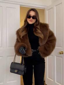 SHIBASHAN Winter Fashion Cropped Faux Fur Jacket Turn-Down Collar Long Sleeve Plush Warm Coat