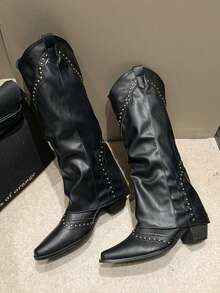 2025 Autumn/Winter New Fashionable Versatile Retro Rivet High Shaft Boots, French Style Women's Boots, Versatile Western Cowboy Boots, Riding Boots, Petite Long Boots - Black - View 2