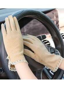 1双女士小圆点蕾丝防紫外线防滑驾驶手套，薄款触摸屏丝绸长手套秋季配饰 - 彩色 - 查看 7