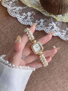 1 pieza Reloj de mujer cuadrado con perla/Reloj minimalista dorado con esfera pequeña para uso diario y regalo/Boda/Fiesta