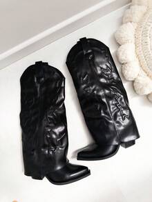 VIKIVIKI SHOES High-Top Cowboy Boots With A Pointed Toe. Elegant Design With Decorative Embroidery And A Glossy Finish, Perfect For Urban Or Western-Inspired Looks. Comfortable For Everyday Wear Thanks To Their Firm Sole And Stable Insole. Estimated Delivery: 1-3 Business Days (Mainland). - Black - View 5