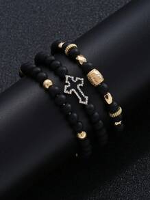 3pcs/4pcs/8pcs Set Men's Stainless Steel Cross & Cubic Zirconia Bracelet, Unisex Business Punk Style For Commute, Campus, Streetwear, Casual Outfit