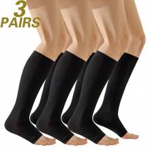 3 Pairs Women Compression Open Toe Socks, Nurse/Doctor Long Sock, Skin Color & Khaki, Simple Leg Socks - Multicolor - View 4