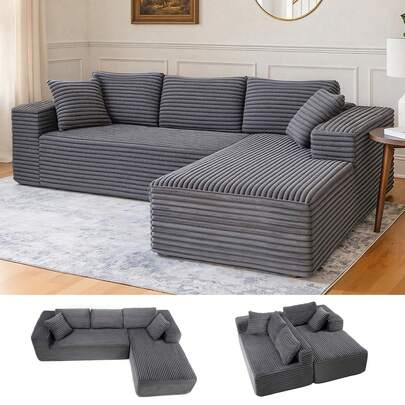 Sofá modular de 105" con asiento profundo, sofá en forma de L con amplios reposabrazos, tela de pana, espuma de alta densidad, chaise longue para la sala de estar, no requiere ensamblaje