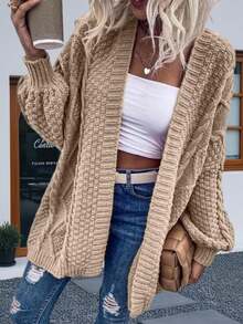 Womens Oversized Open Front Cardigan Sweaters Cable Knit Lantern Sleeve Chunky Knit Coats - 卡其色 - 查看 5