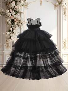 Đầm dự tiệc cổ tròn bằng vải tuyn đính nơ thanh lịch cho bé gái, phù hợp với sàn diễn thời trang, tiệc tối, không kèm băng đô - màu đen - Xem 3