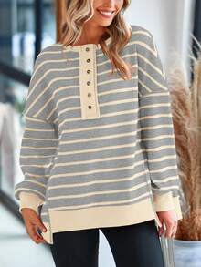 Womens Fall Striped Oversized Sweatshirt Long Sleeve Button Up Henley Neck Waffle Knit Pullover Tunic Tops - Beige Stripes On Light Grey Background - View 3