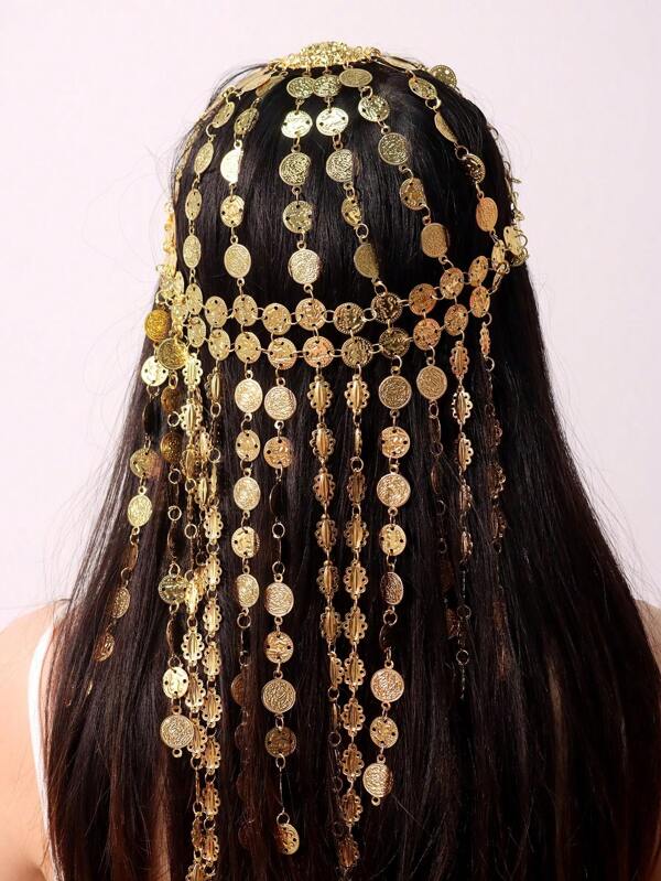 1 peça corrente de cabelo com borla de metal estilo Oriente Médio, acessório de cabelo dourado multicamadas exagerado estilo palácio vintage, adequado para maquiagem de dança, acessório de cabeça, joia de cabeça, corrente de cabeça, corrente de cabelo, corrente de videira de cabelo, casamento