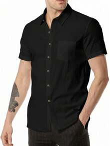 Mens Short Sleeve Cuban Camp Guayabera Shirt Linen Cotton Hippie Beach Button Down Shirts Plus Size - 黑色 - 查看 3