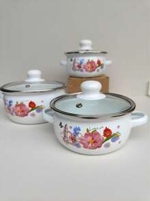 3pcs Enamel Cookware Set, Thick Double-Ear Enamel Cooking Pot, Multi-Purpose For Gas & Induction Cooktop, Includes Soup Pot With Lid, Enamel Stew Pot, Enamel Bowl