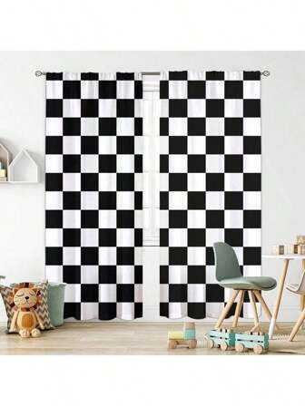 2pcs Minimalist Pink And White, Black And White Two-Tone Color Blocking Plaid Blackout Curtains-Rod Pocket Design For Privacy And Easy Installation For Bedroom,Living Room,Bathroom And Other Daily Decoration,Machine Washable Polyester