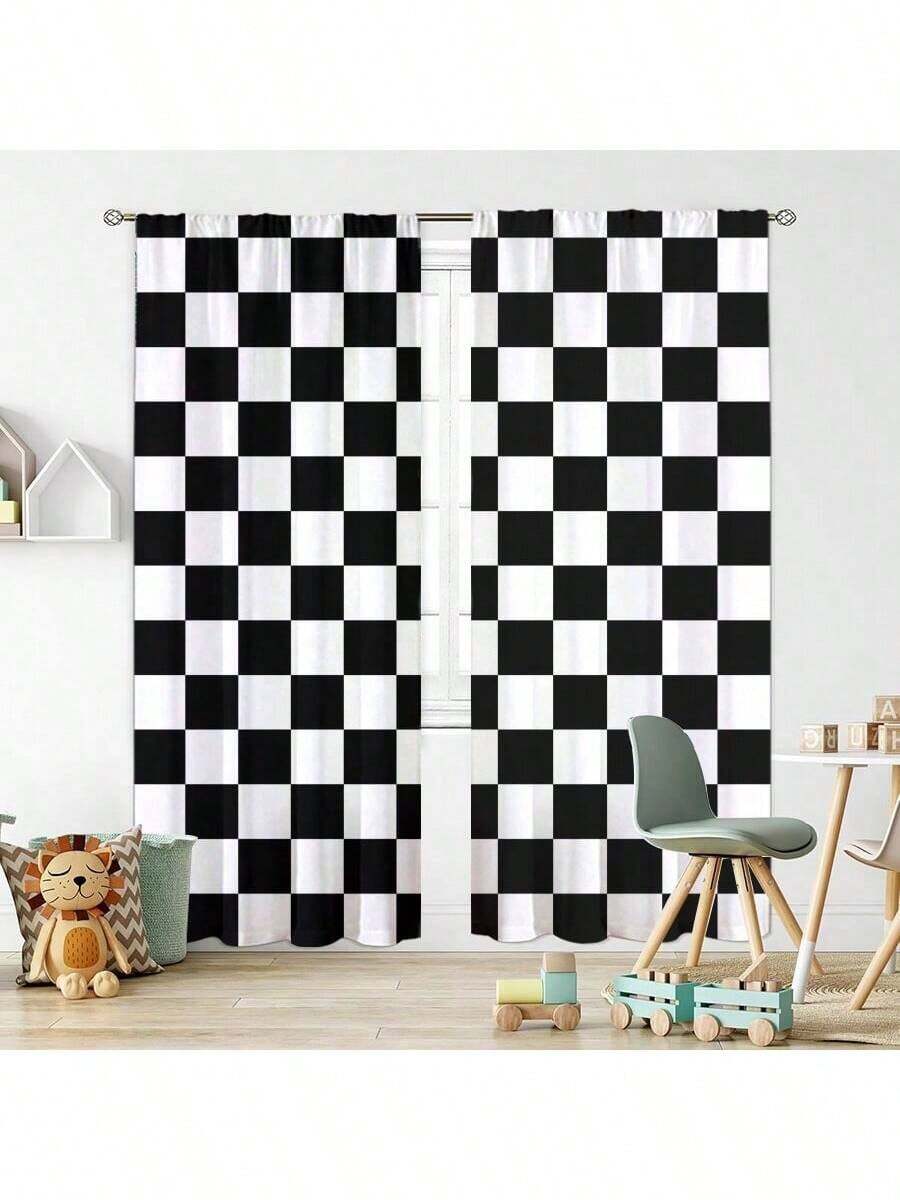 2pcs Minimalist Pink And White, Black And White Two-Tone Color Blocking Plaid Blackout Curtains-Rod Pocket Design For Privacy And Easy Installation For Bedroom,Living Room,Bathroom And Other Daily Decoration,Machine Washable Polyester - Multicolor - View 1