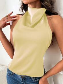 WOWDARK 女士夏季露背吊带缎面衬衫，黄色，时尚性感纯色，适合情人节、约会、聚会、派对、旅行、度假、海滩等场合。 - 黃色 - 查看 3