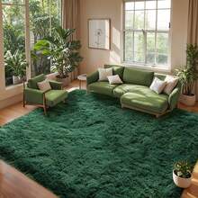 Large Shaggy Carpet For Living Room And Bedroom - Washable, Fluffy Carpet With 4.3 Cm High Pile, Plush, Aesthetic Throw Rug, Non-Slip Rubber Backing With 4 Anti-Slip Pads, Durable Edge Stitching - Cozy, Minimalist Decor - Great Gift For Halloween And Christmas, Perfect For Playrooms And Parties - Weight 700 G+/M² - 墨綠色 - 查看 3