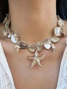 1pc Bohemian Style Ocean Inspired Star Pendant Necklace With Blue-Green And Gold Beads - Versatile Women's Accessory For Vacation, Party, Casual Wear - Durable Year-Round Gift, Charm Necklace, Ocean Themed Jewelry, Stable Color Beads, Holiday Gift - Multicolor - View 3