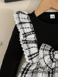 女童优雅花卉格子图案连衣裙，带帽子，时尚优雅的幼儿女童连衣裙 - 黑色 - 查看 5