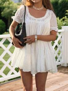 Baby Doll Mini Dress For Women Summer Solid Color Loose Bubble Short Sleeve Scoop Neck Dress - trắng - Xem 4