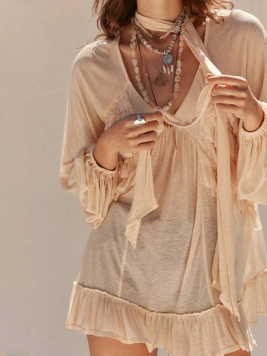 Womens Y2K Sheer Mesh Frill Shirt Tops Solid Color See Through Long Puff Sleeve V Neck Ruffle Hem Loose Fit T Shirts Blouses Boho Peplum Shawl Shirts With Scarf Set Fall Going Out Tops Beach Cover Up Vacation Streetwear - 藕粉色 - 查看 1