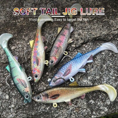 PRO BEROS PROBEROS 5pcs Jig Head Soft Fishing Lures, Pre-Rigged Paddle Tail Swimbaits, Plastic Shad And Worm Lure, Bass Trout Sinking Bait