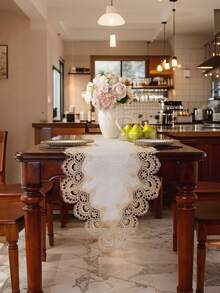 1 件缎面提花桌旗，精致水溶性刺绣蕾丝花边，简约高端设计，适合所有季节，可用作厨房/餐桌旗、餐垫、野餐垫、礼物、橱柜围巾、家居装饰、家庭聚会、节日装饰，适用于室内/室外、别墅、派对、婚礼 - 米色 - 查看 9