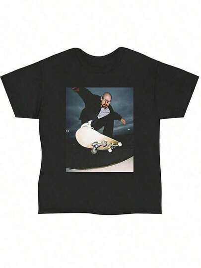 T-shirt casual stampata Walter White Going Crazy On A Skateboard da uomo taglie forti (1 pezzo), 100% cotone, scollo tondo, manica corta, t-shirt in cotone 220 g, per uscire, regalo, estate, unisex