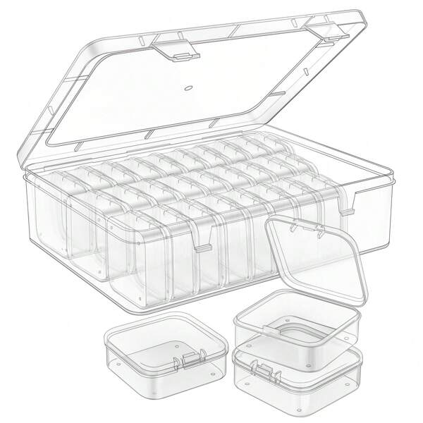 31 piezas 1 caja grande + 30 cajas pequeñas Caja de almacenamiento de plástico transparente con pequeños contenedores de almacenamiento - Caja de almacenamiento de cuentas - Organiza tus cuentas con tapa con bisagras, forma rectangular de material plástico - Perfecto para manualidades de joyería DIY, arte de uñas y fabricación de pulseras, suministros de joyería, regalo perfecto para el Día de San Valentín y regalo para mujeres
