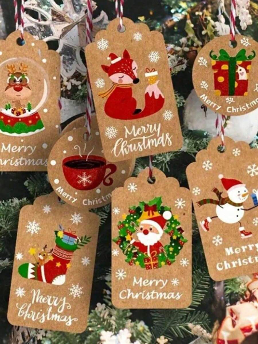50 قطعة بطاقات هدايا عيد الميلاد DIY، زينة شجرة عيد الميلاد، بطاقات كرافت معلقة بخيوط، عيد الميلاد - متعدد الألوان - مشاهدة 1