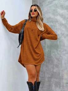 Plain Poncho Midi Dress With Long Sleeves, Turtleneck, Winter Scarf - Camel - Ver 1