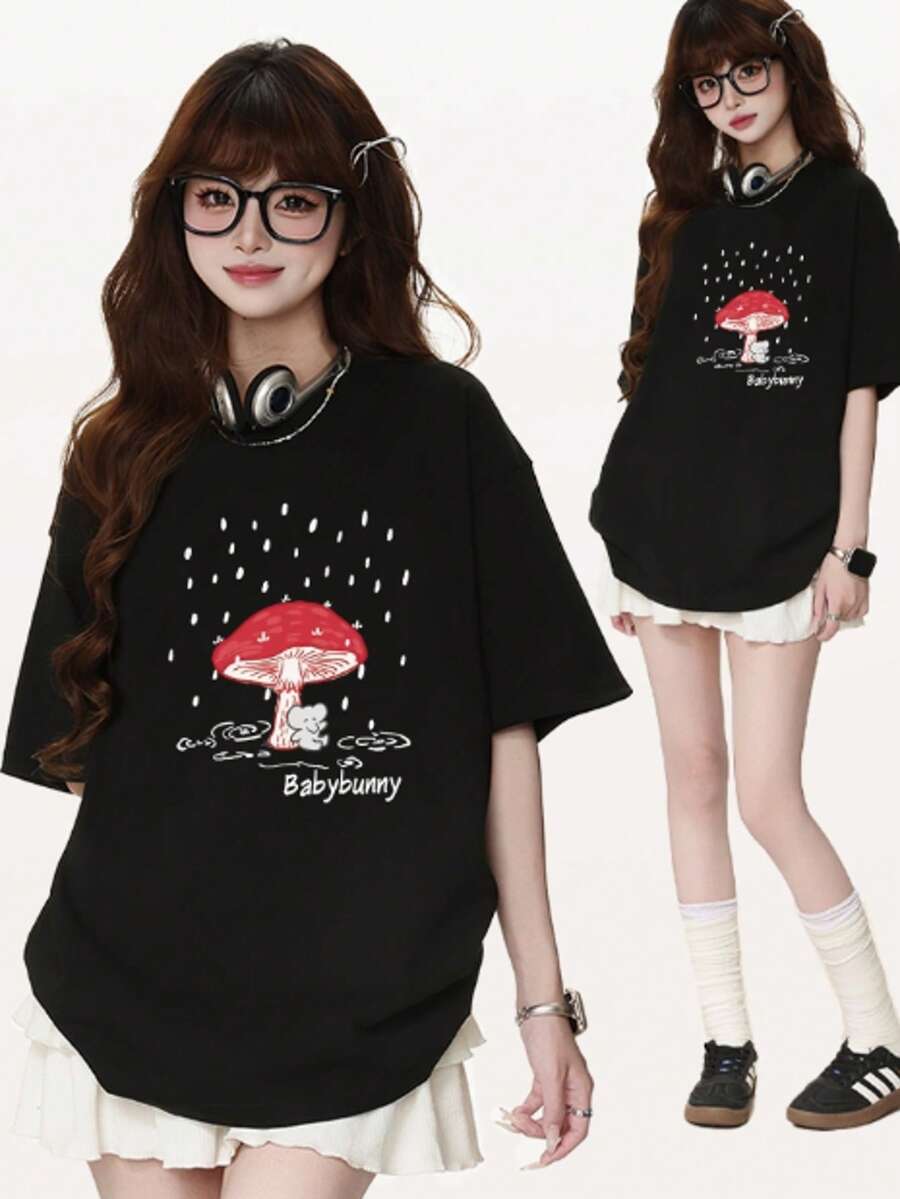 2025 Women's Cotton T-Shirts New For Summer Artistic Wash Portrait Graphic Edgy Casual Style Soft Pure Cotton Great Gift - 黑色 - 查看 1