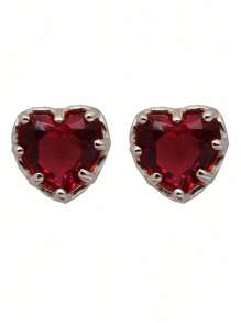 1 Pair S925 Sterling Silver Simple & Elegant Small Red Heart Stud Earrings For Girl