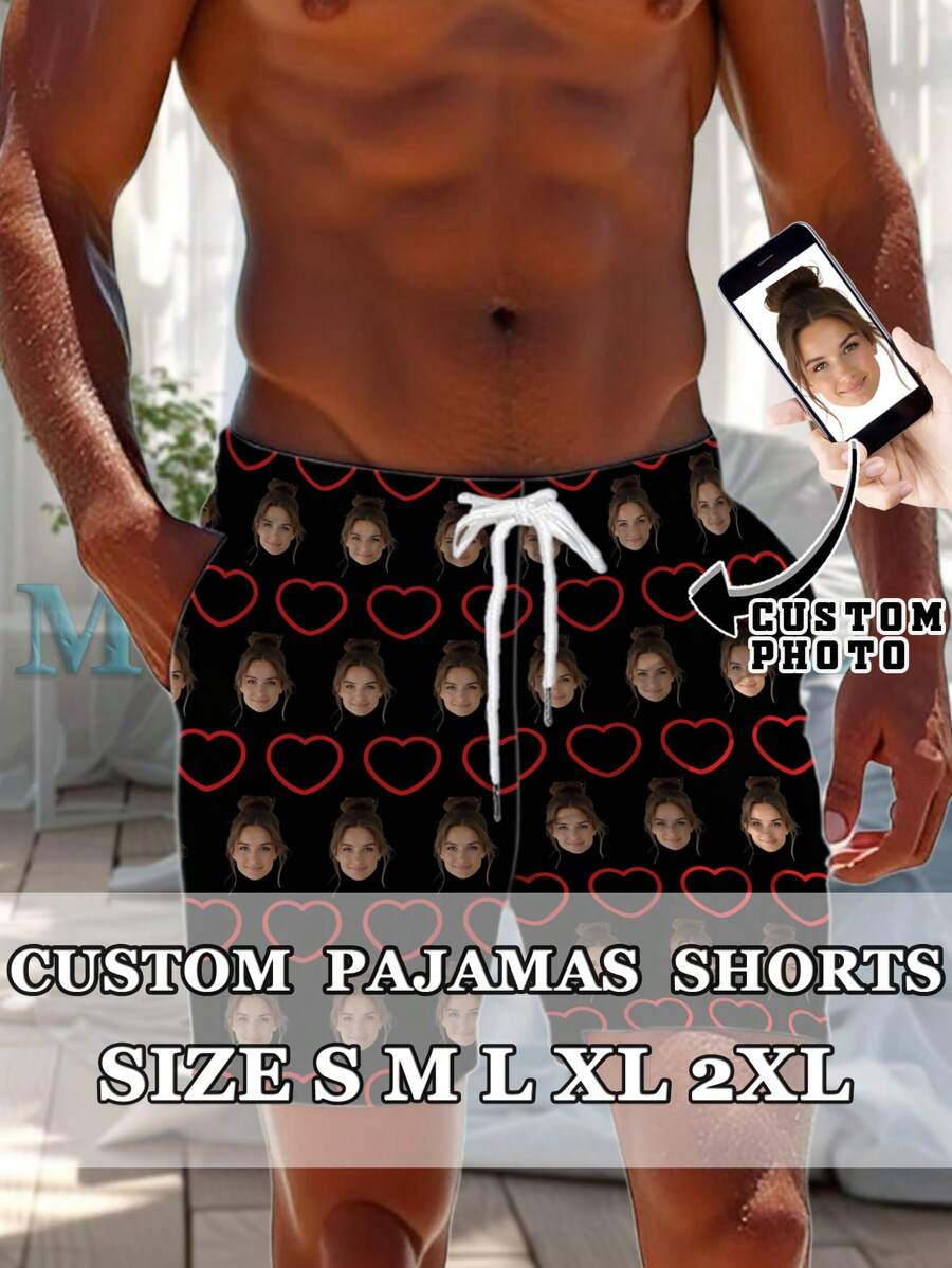 Pantaloncini personalizzati con motivo a cuore rosso, pantaloncini personalizzati con foto, pantaloncini personalizzati con volto, pantaloncini personalizzati, pantaloncini hawaiani, regali di compleanno, regali per le vacanze, regali di San Valentino, pigiama festa