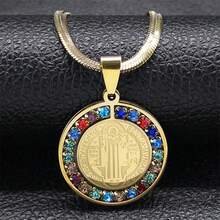 Catholic Saint Benedict Snake Chain Necklace, Unisex, Stainless Steel Material, Rhinestone Inlaid, Gold/Silver Pendant, Gemstone Choker - Necklace - View 2
