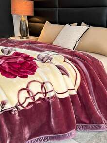 1pc Christmas Floral Pattern Blanket, Soft Double-Layer Raschel Throw Blanket, Long Plush Warm & Cozy For Bedroom, Living Room, Travel